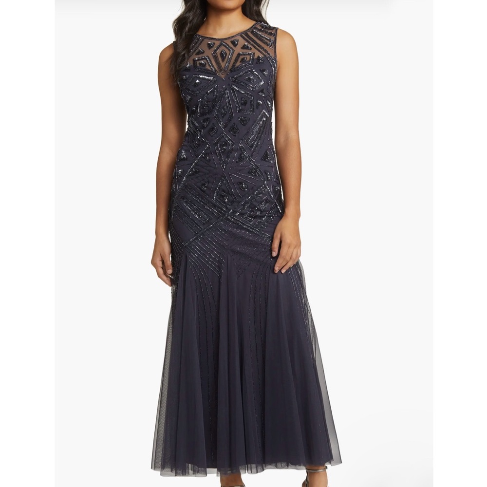 Pisarro Nights Slate Blue Geometric Beaded Sleeveless Gown D-2621 Size 14 - Picture 13 of 13